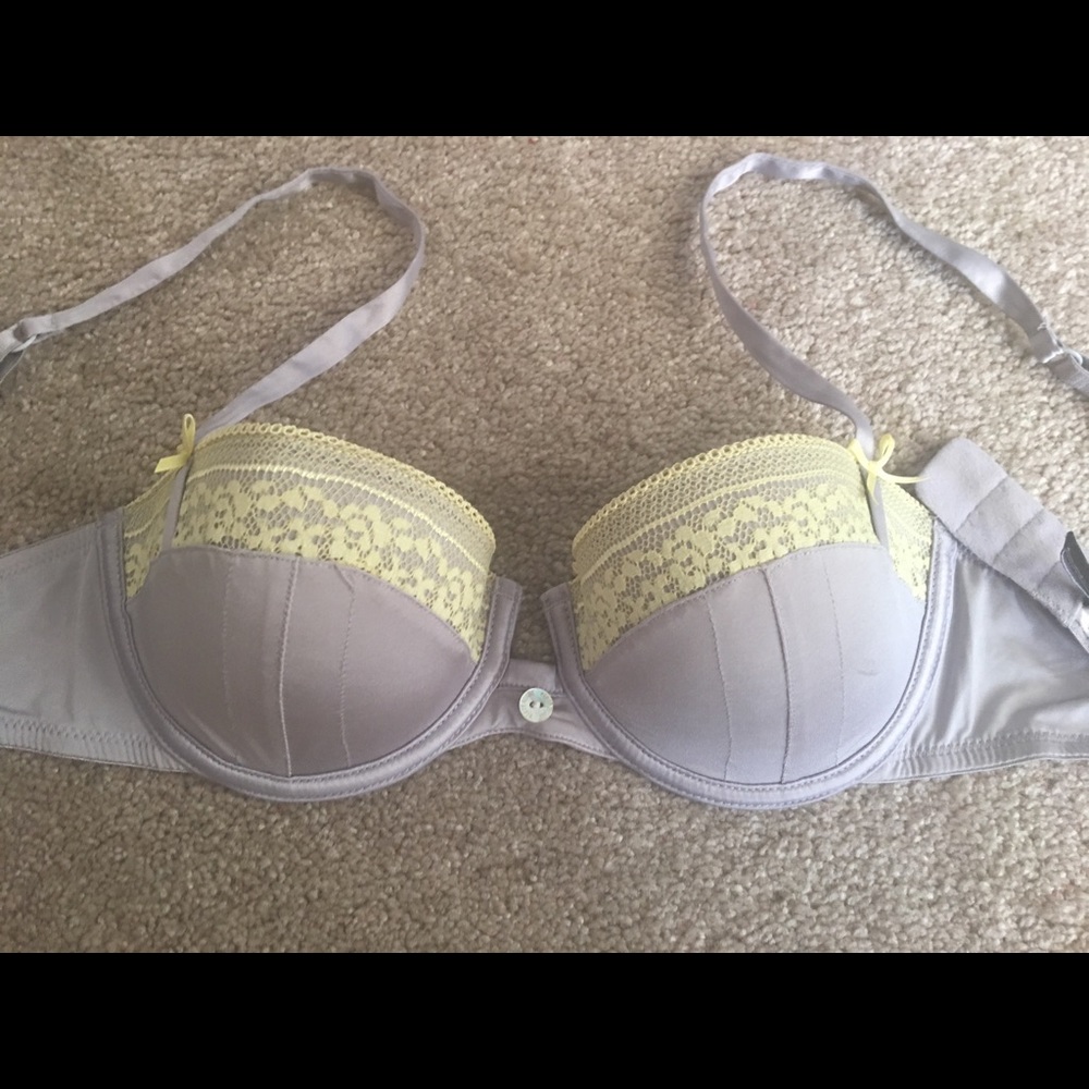 Grey Bra with Yellow Lace Trim
