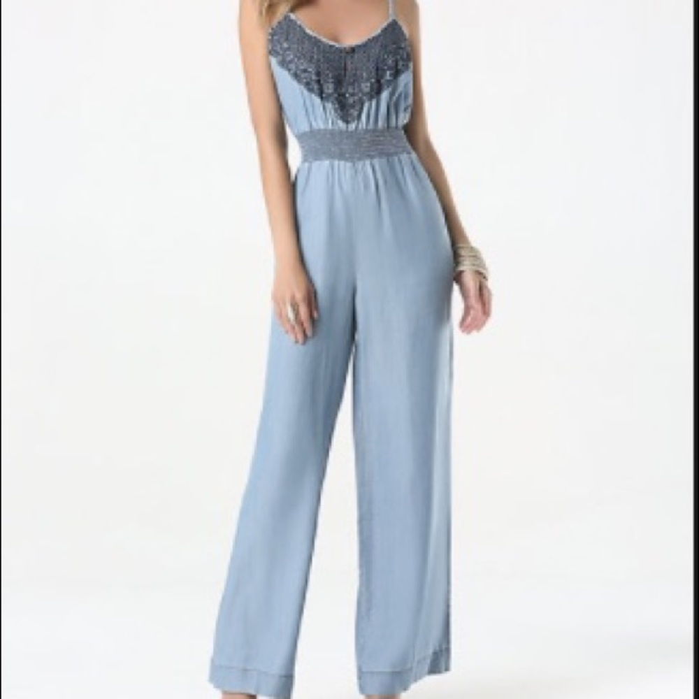 BEBE Embroidered Chambray Jumpsuit