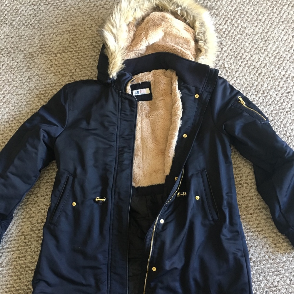 Navy HM kids parka with detachable faux fur hood
