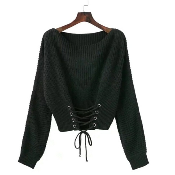 Round Neck Lace Up Knitted Sweater - Picture 3 of 7