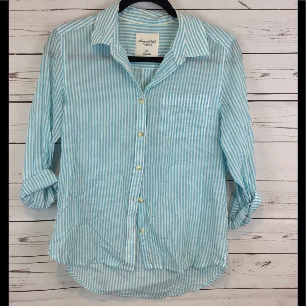 Blue and White Striped American Eagle Button Down