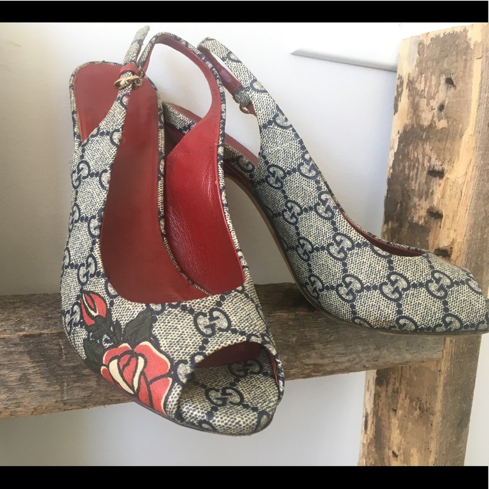 Gucci rose tattoo sling back heels.