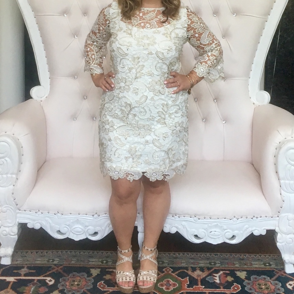 SOLD Marina Bell-Sleeve Metallic Lace Shift Dress