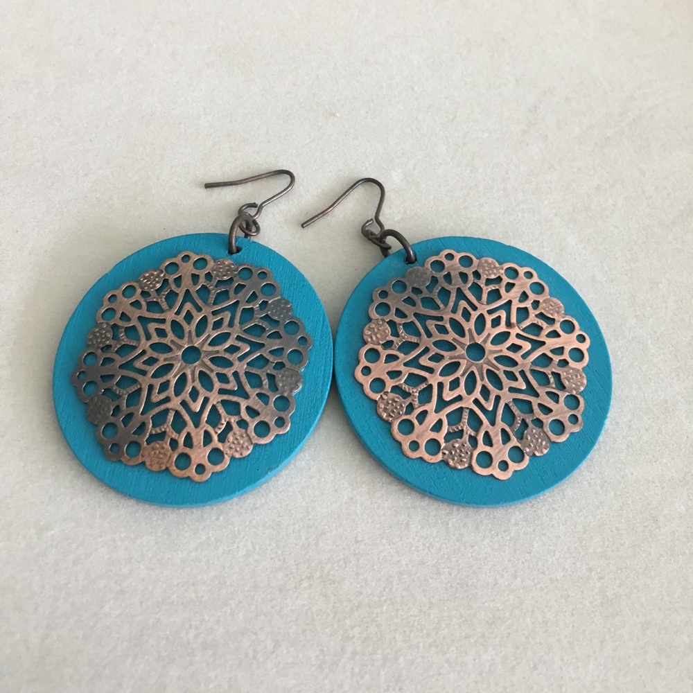Turquoise wood and copper statement earrings