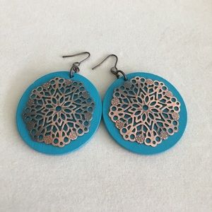Turquoise wood and copper statement earrings