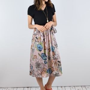 Dusty pink and black floral tie-waist midi dress