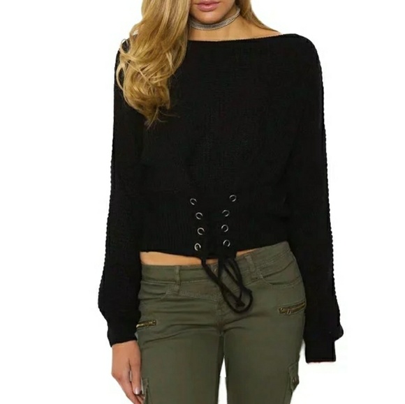 MK Boutique Sweaters - Round Neck Lace Up Knitted Sweater | Black