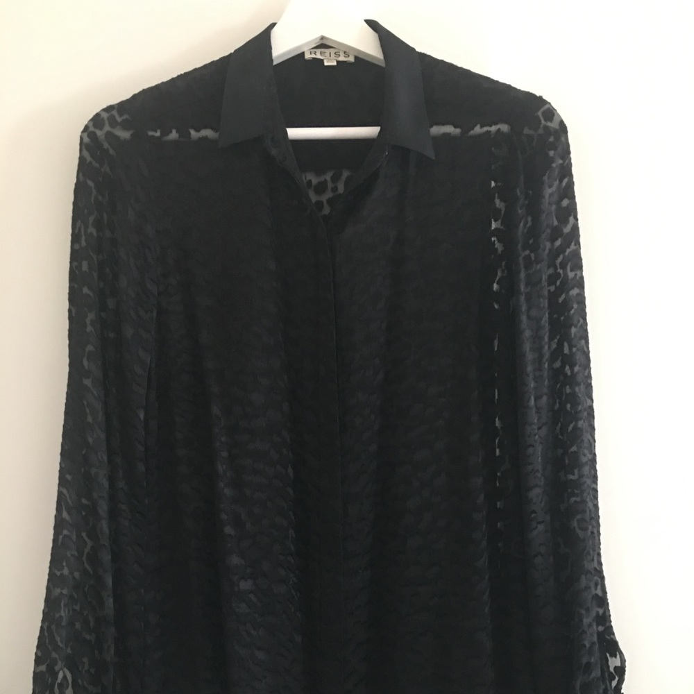 REISS sheer black embroidered button down