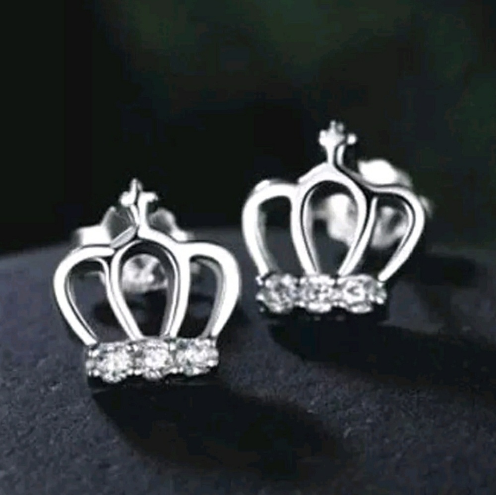 Small Silver Crown Earrings with Rhinestones - Picture 2 of 2