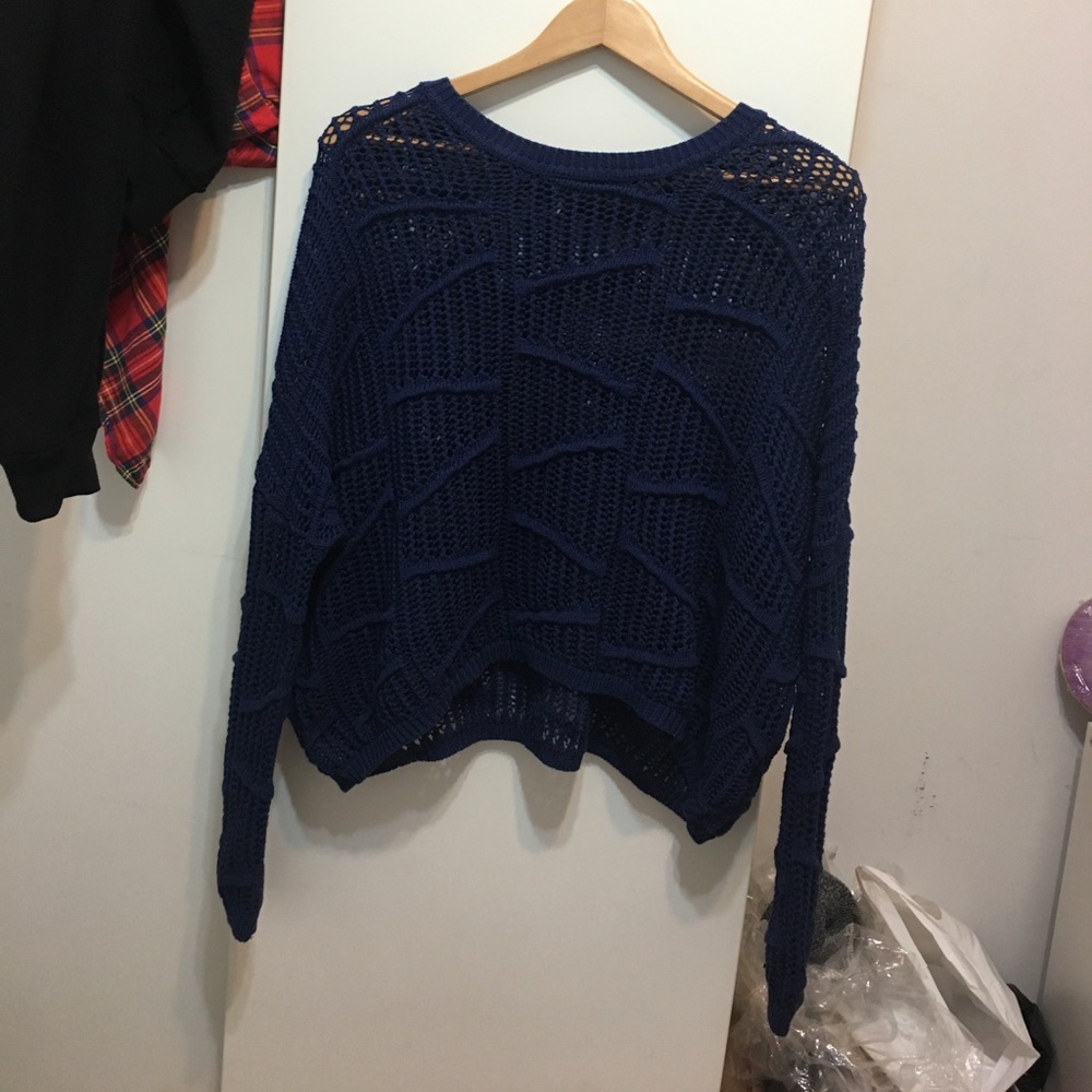 blue cable knit mesh sweater
