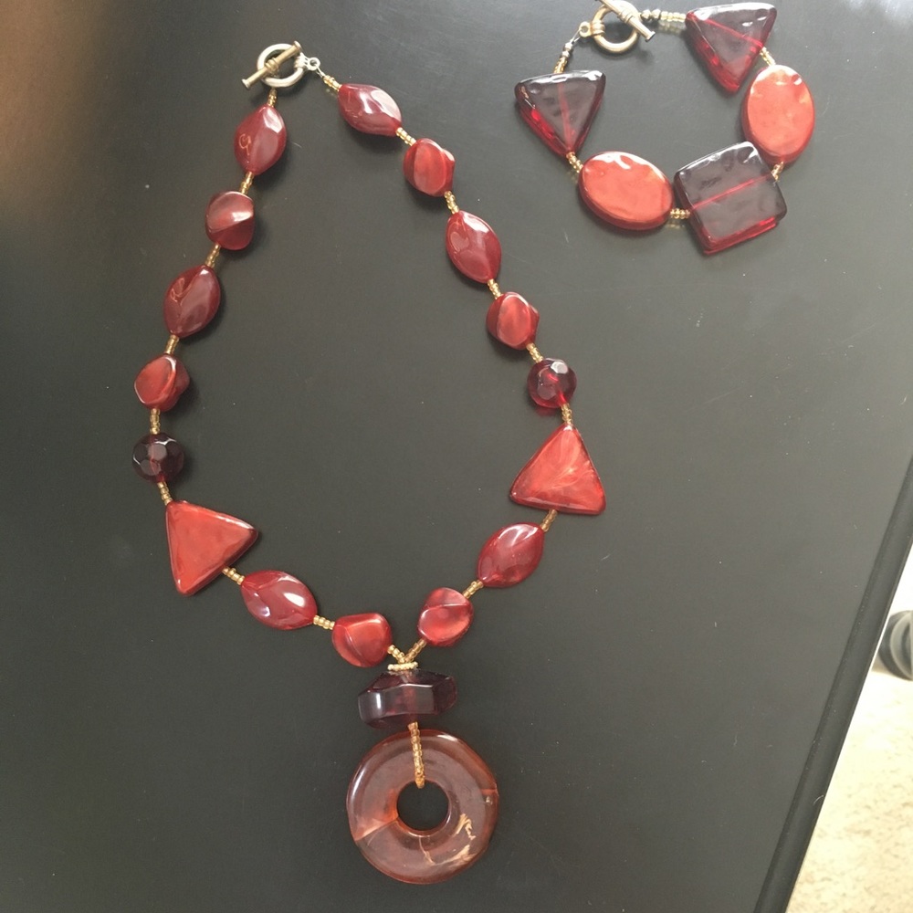 Handmade Red and Gold Bead Necklace & Bracelet Set