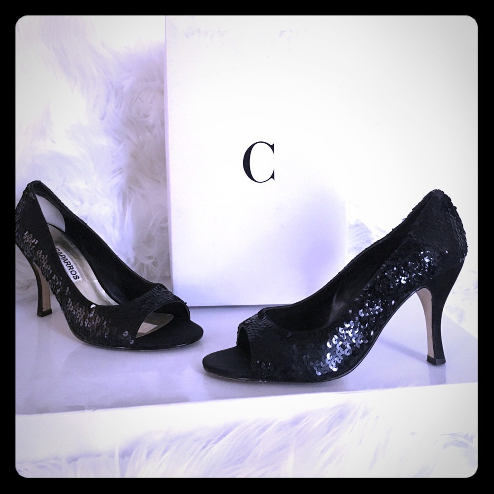Caparros Black Sequin Open Toe Pumps 🖤 Size 6.5