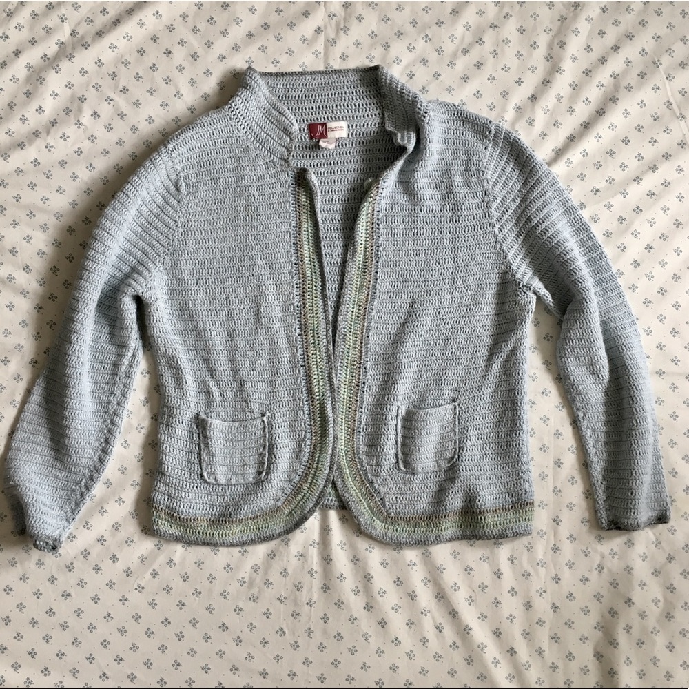 Blue knit/crochet cardigan sweater Jennifer Moore