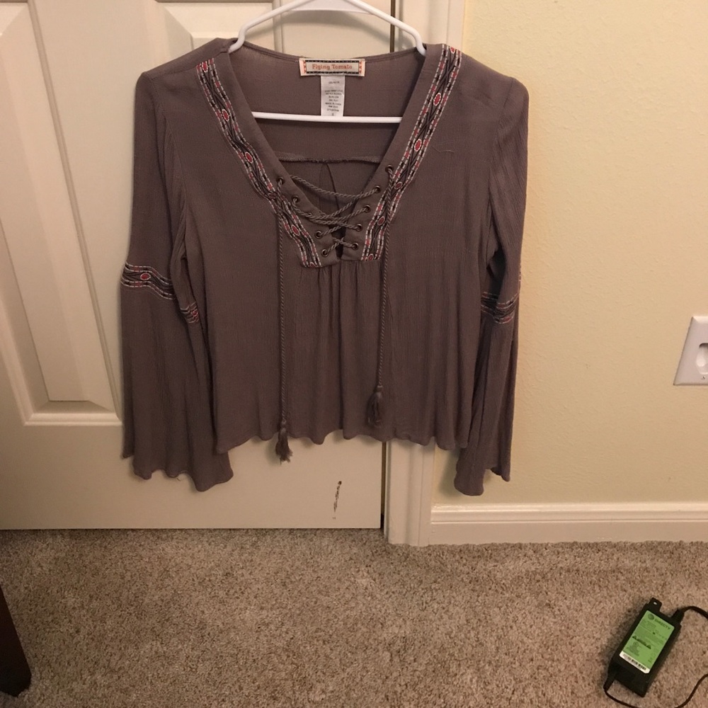 Taupe lace up bell sleeve top