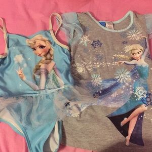 Frozen shirt, swim suit, hat, and book