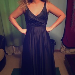 Navy floor length low v-neck Prom Dress