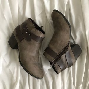Classic Taupe Buckle Heeled Booties