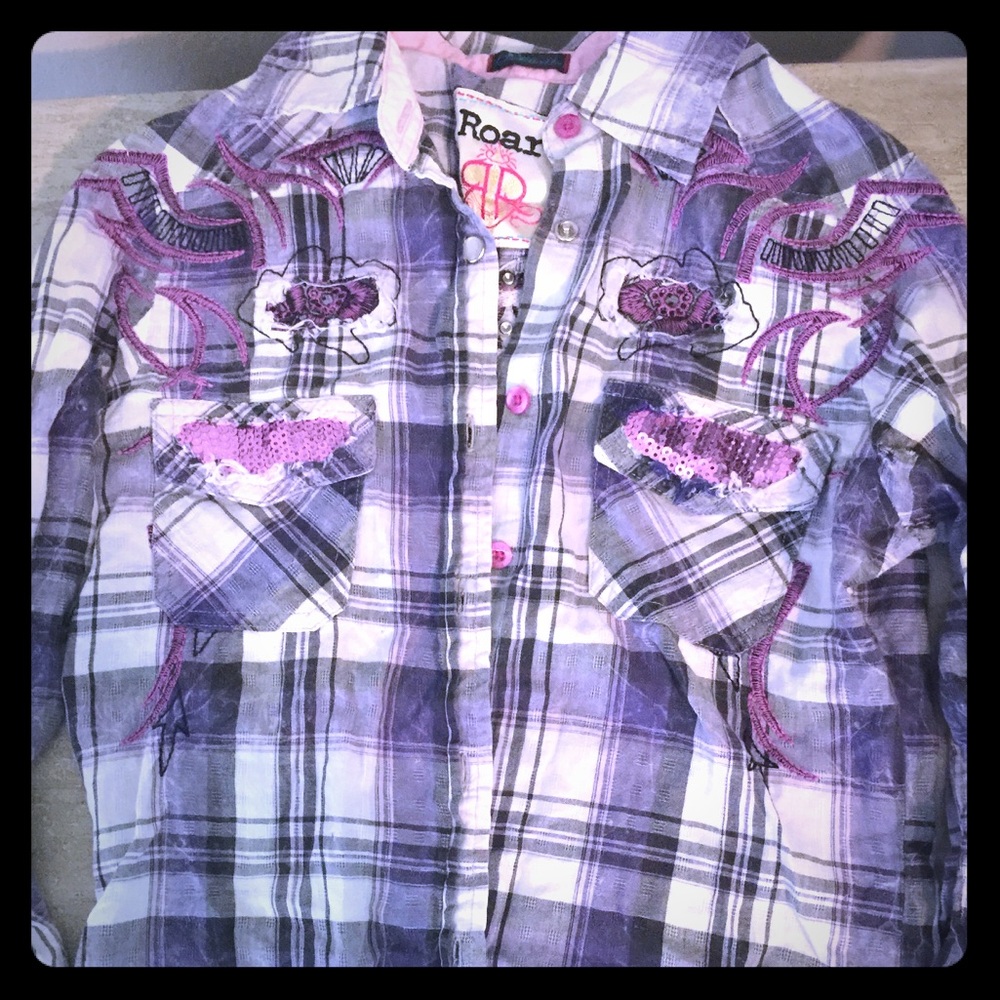 Roar button down, purple, gems, sequence, country