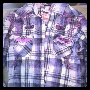 Roar button down, purple, gems, sequence, country