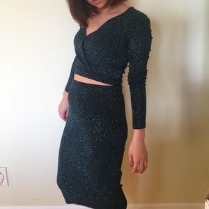 Teal Glitter Crop Top and Skirt Set