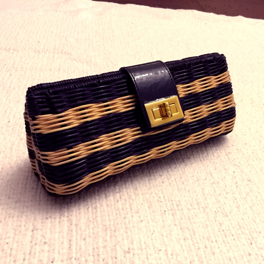 J crew Havana Straw Clutch Navy Blue