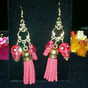 Earrings Tassels Skull Cross Red