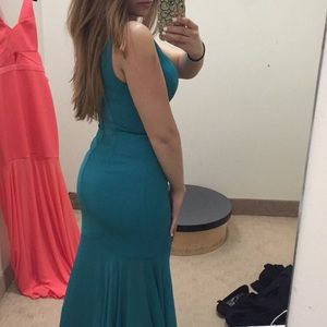 Teal knee length sheer illusion bottom.