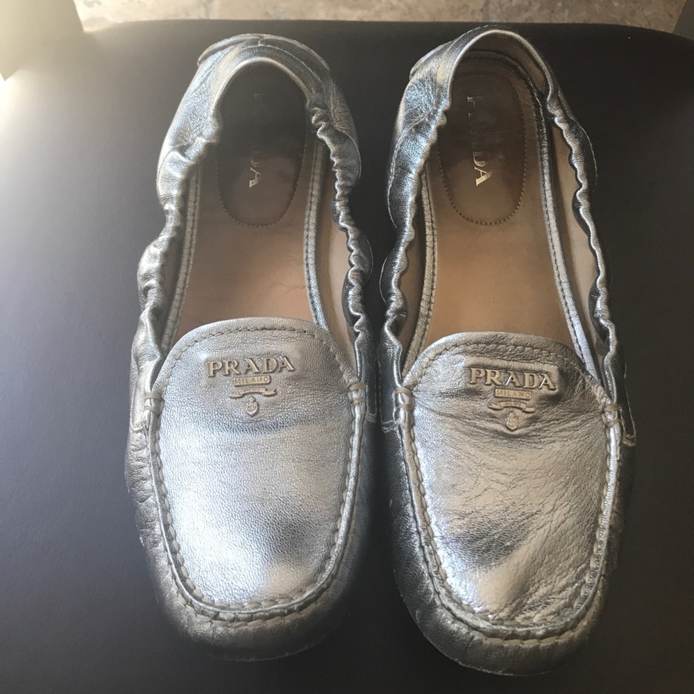 Prada Scrunchable Loafer in Color Silver, Sz 39.5.
