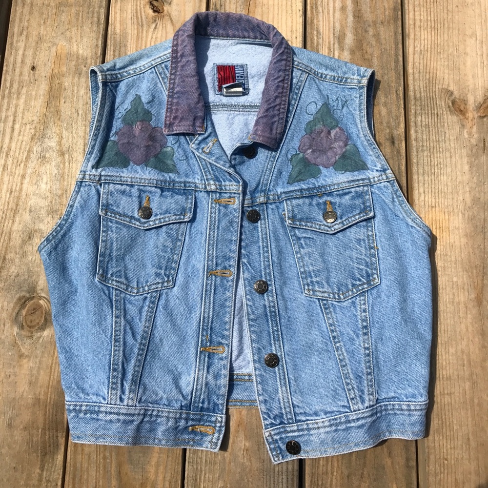 Vintage hand painted roses acid wash denim jacket