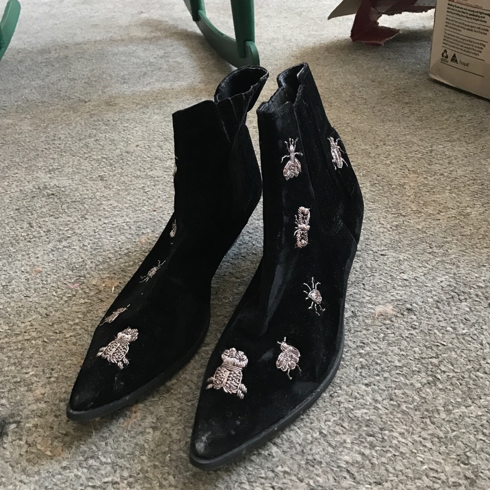 Black booties w metallic insects