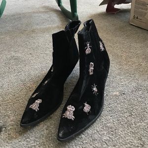 Black booties w metallic insects