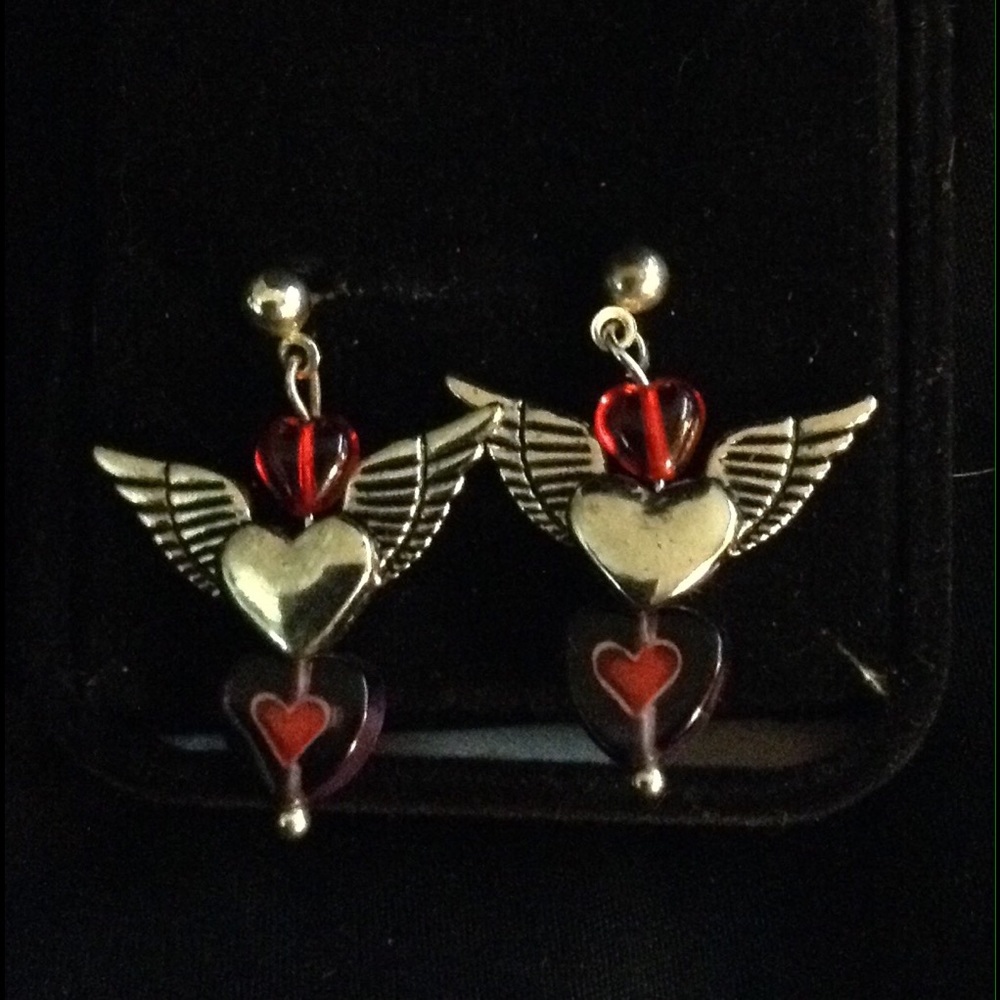 Silver heart with wings, red beads earrings