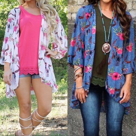 Bull cow skull floral kimono cardigan-PLUS SIZE - Picture 2 of 2