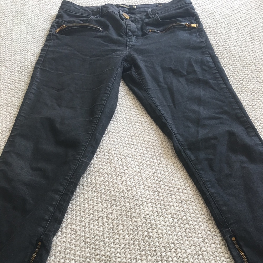 Zara brass zipper black coated jeans