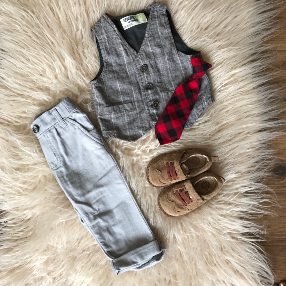 Vest with slacks, wingtip leather shoes and tie