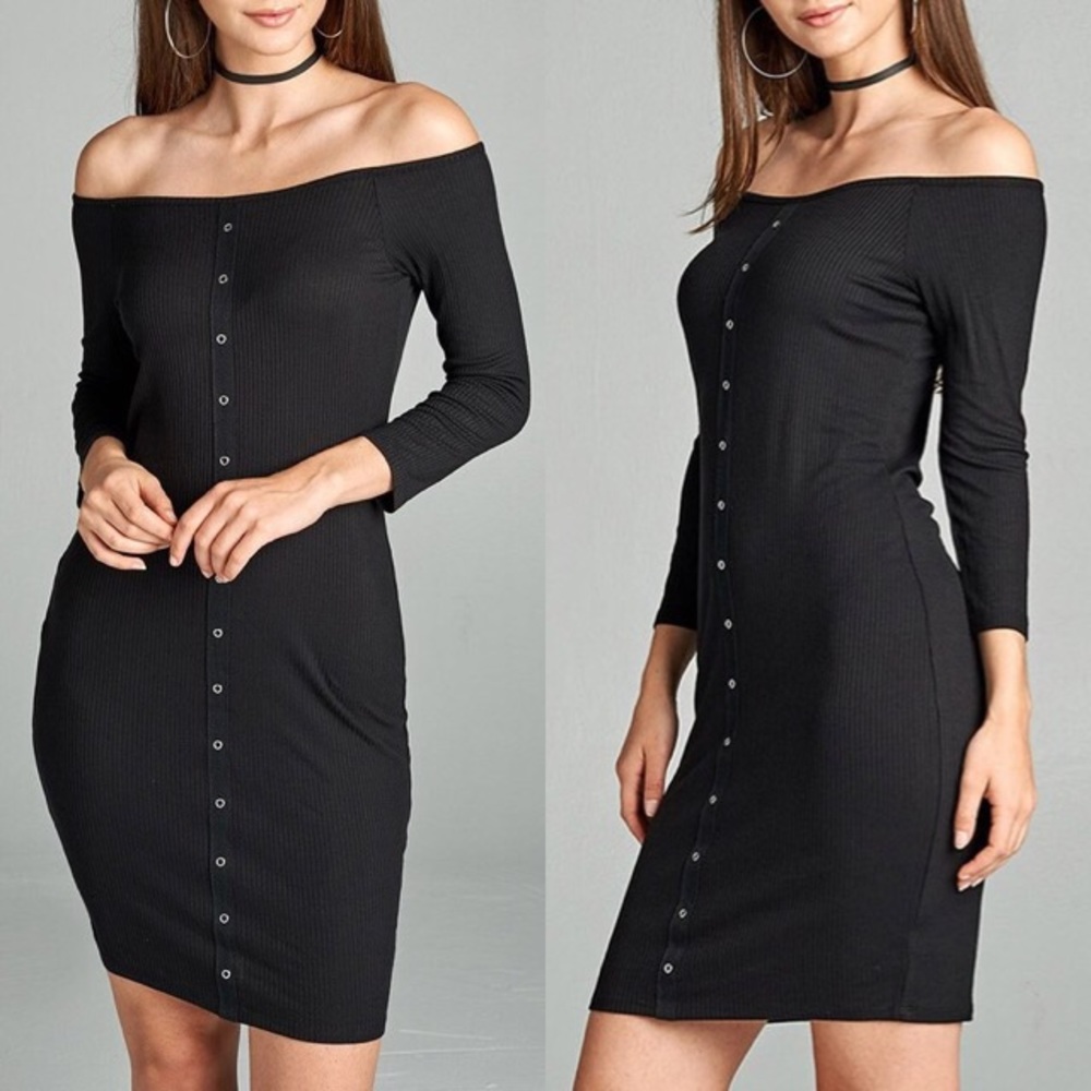 ⚜"Sienna" Black Ribbed Button-Down Bodycon Dress ⚜