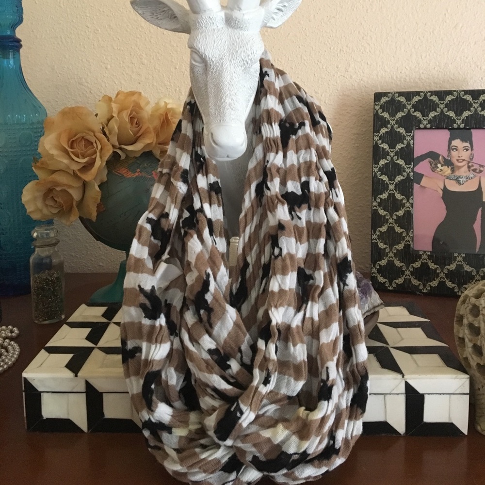 Infinity Scarf: Tan and White Stripe Navy Horses