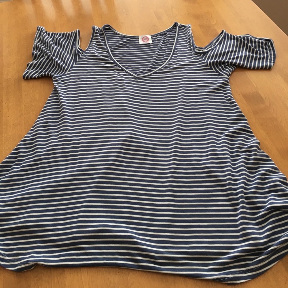 Wanna B blue and white stripe cold shoulder top