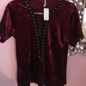 RED LACE UP VELOUR TOP