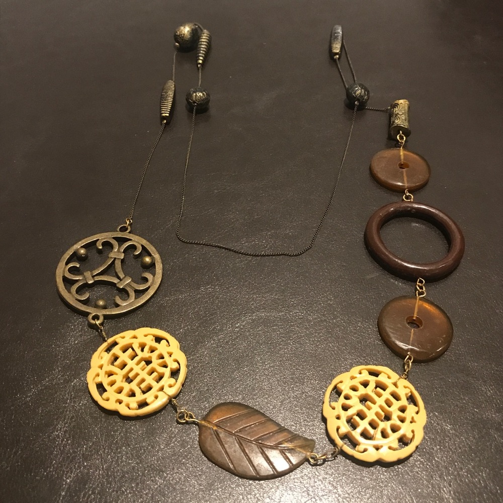 Dark Gold Tone & Resin Pieces Long Necklace