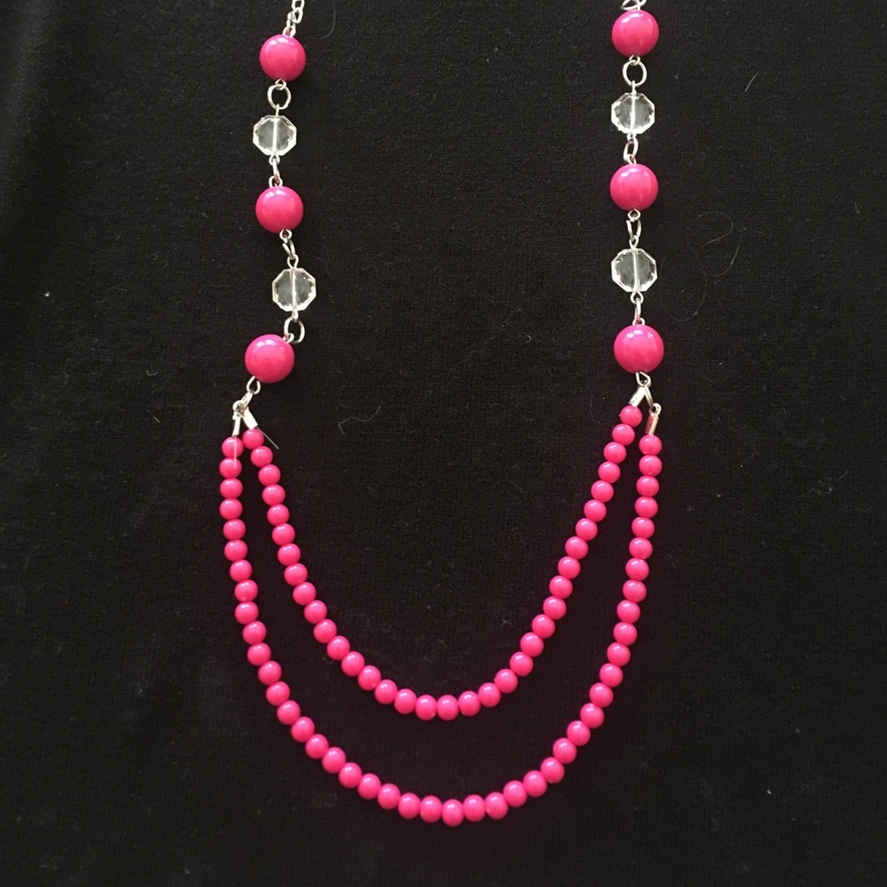 Hot Pink and Clear Beaded Silver Necklace