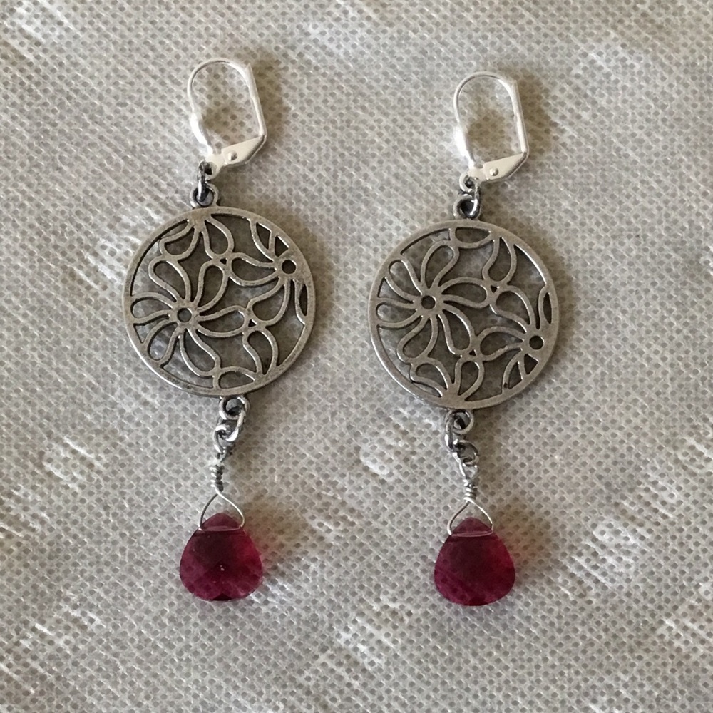 Silver & Red Bead Dangling Earrings