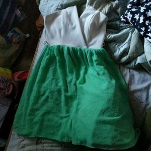 Light green and white strapless flowy dress