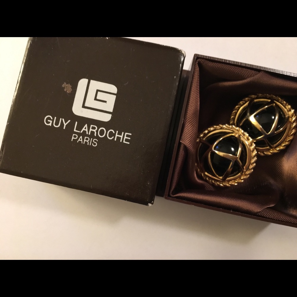 Designer Guy Laroche Earrings Black Enamel Clip