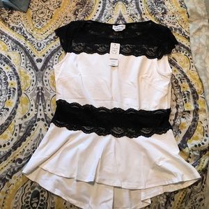 Bebe dressy blouse, fitted, white with black lace