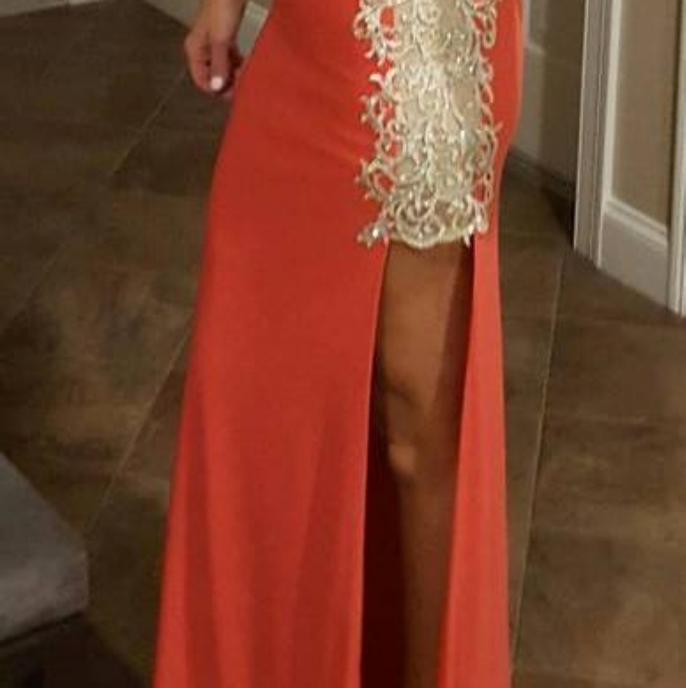 La Femme One shoulder Coral and Gold dress 103544 - Picture 2 of 4