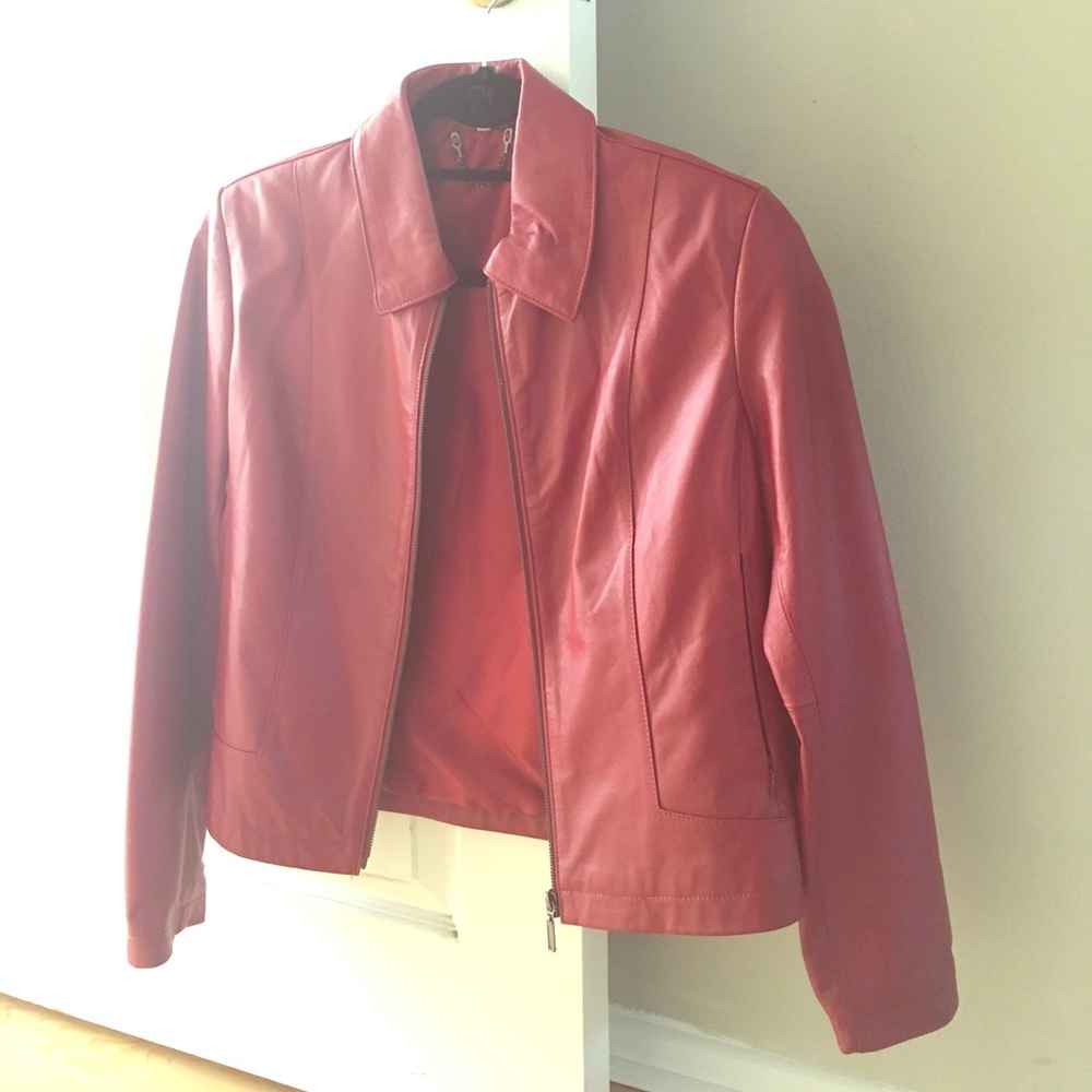 Genuine Red Leather zip jacket with collar.
