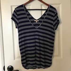 Blue and white striped v-neck top