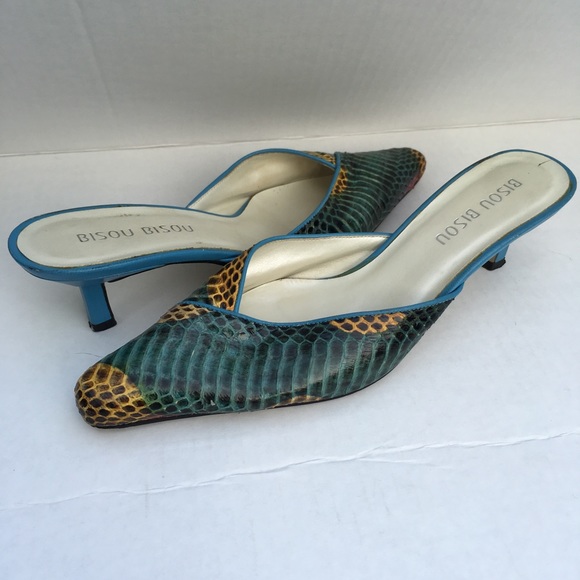 Bisou Bisou snakeskin kitten heel aqua clog - Picture 2 of 7