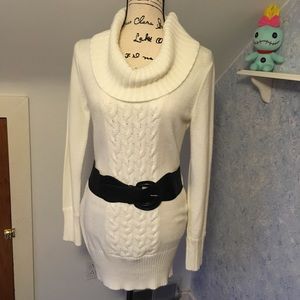 Knit sweater dress with removable belt accessory